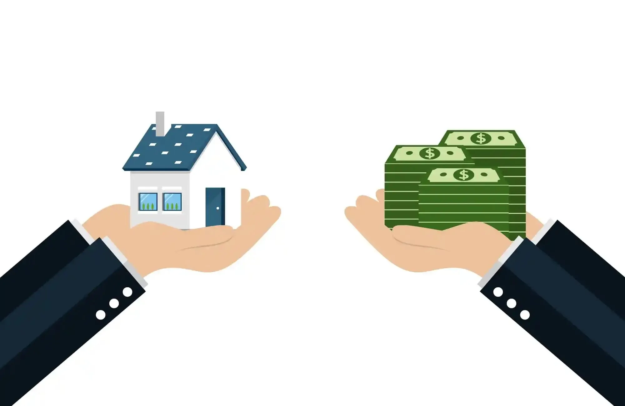 Illustration of hands holding a house on the left and a stack of money on the right, symbolizing real estate and financial concepts. This depiction highlights quick cash transactions, where fast decisions can lead to successful property investments.